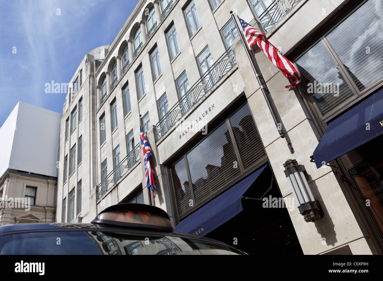Low level angled aspect of Ralph Lauren`s flagship store in New Bond Street, also viewed is the